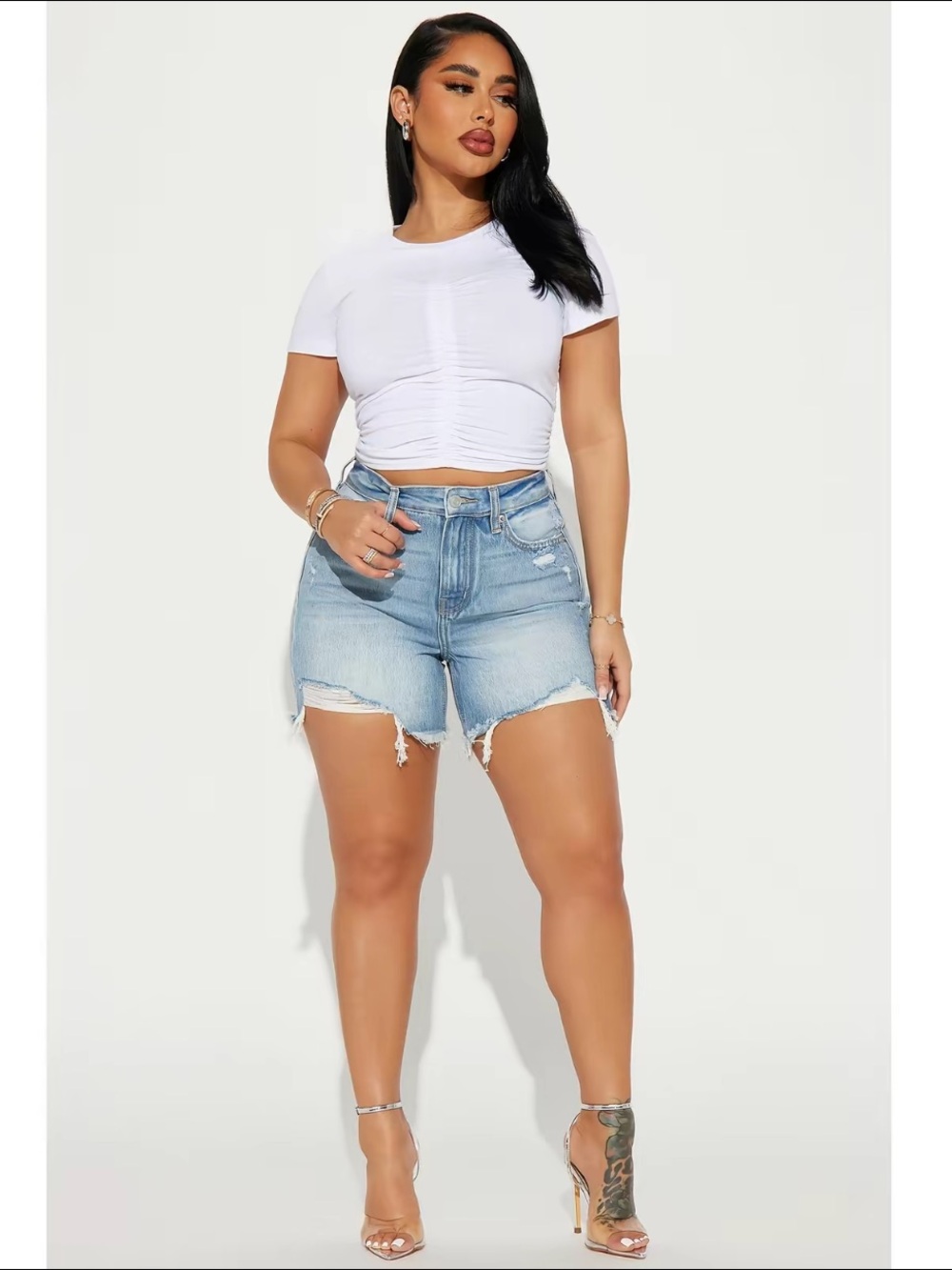 Fashion Nova Light Blue Distressed High-Waist Denim Shorts